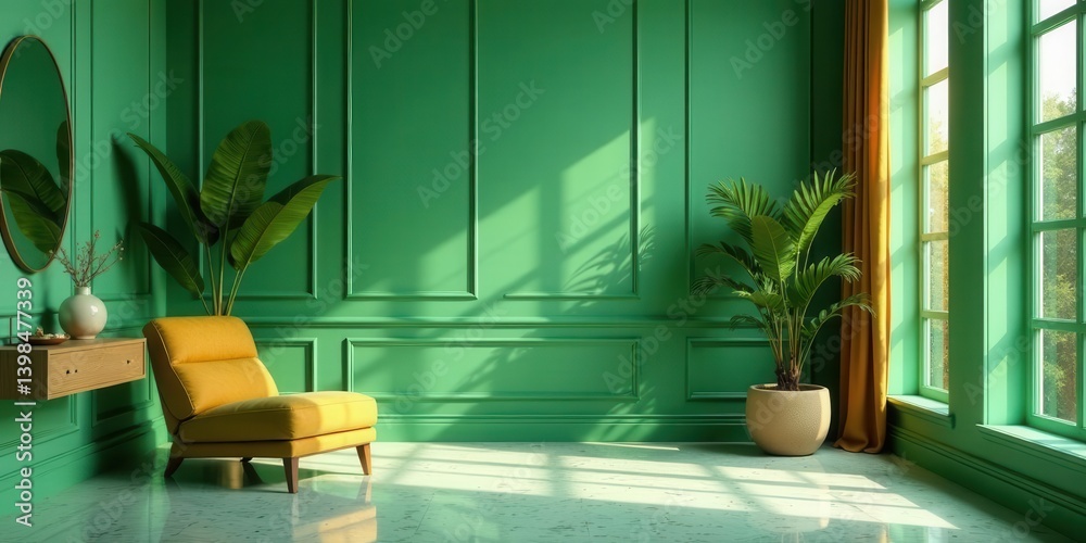 Fototapeta premium Sunlit Interior Design Featuring a Mustard Yellow Lounge Chair and Lush Greenery Against a Vibrant Emerald Green Wall