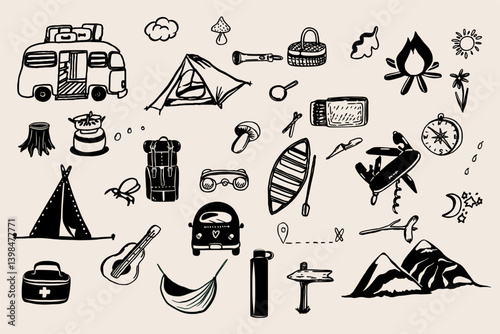A stylish vector collection of camping essentials featuring tents, camper vans, mountains, adventure gear, and scenic outdoor elements perfect for nature lovers.