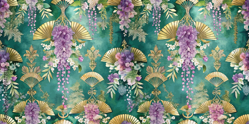 Elegant floral and fan pattern in rich green and purple hues.