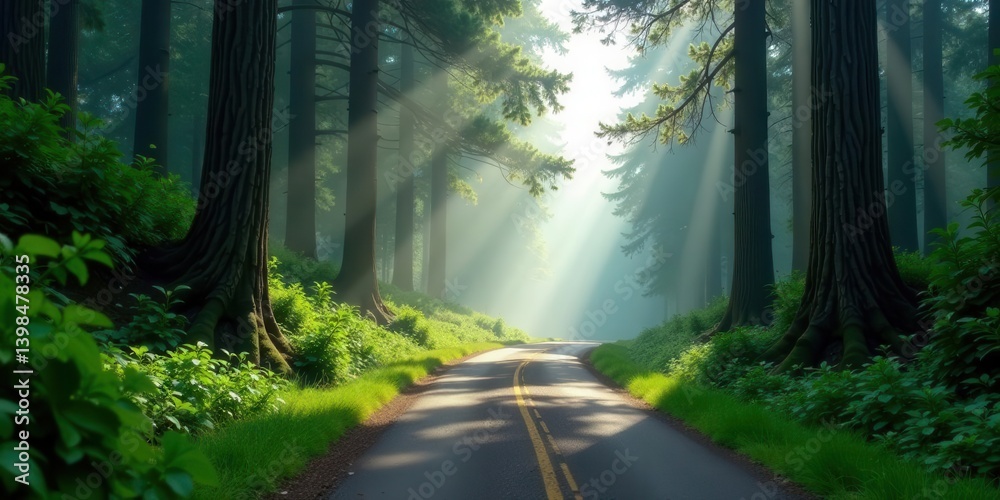 Fototapeta premium Sunlit Path Through a Verdant Forest, Winding Road Ahead, Lush Greenery and Tall Trees, Tranquil Scene of Nature's Beauty