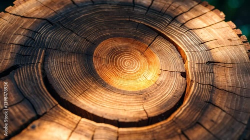 Cross-section of a cut oak tree trunk showing growth rings.