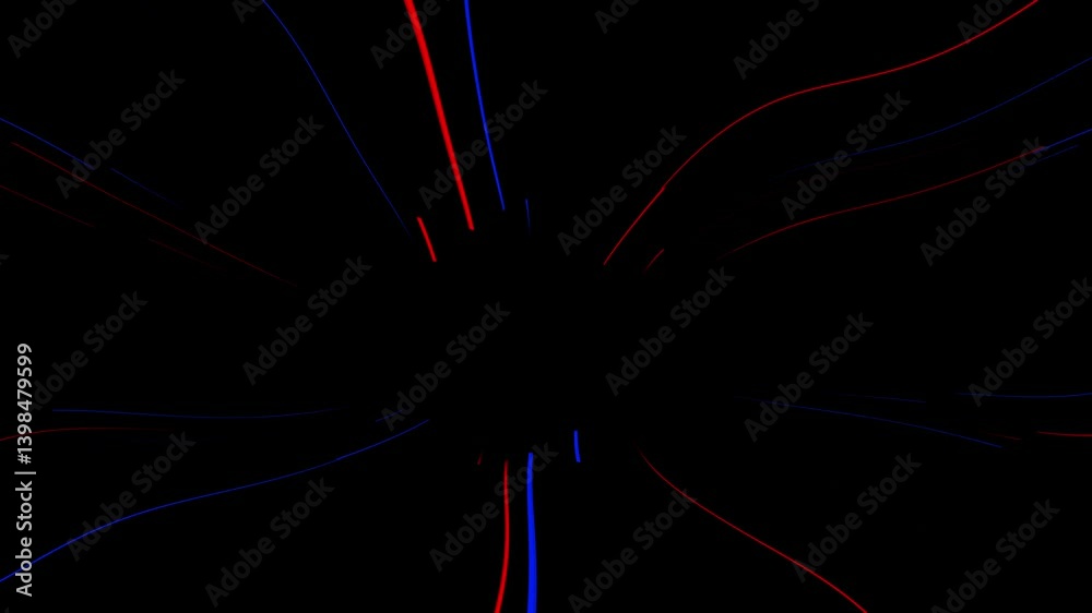 Blue and red curved lines radiate from center in form of spiral on black background