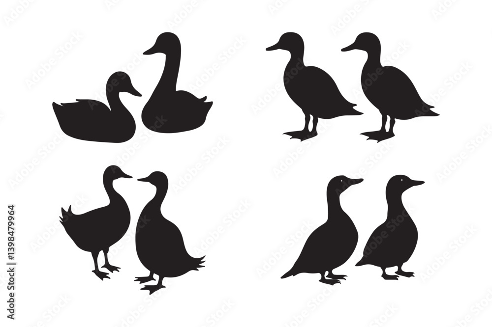 Obraz premium Duck Couple Silhouettes Vector Set Standing and Floating Duck Clipart