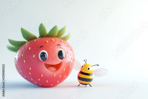 A cheerful cartoon strawberry smiles beside a friendly cartoon bee on a white background.