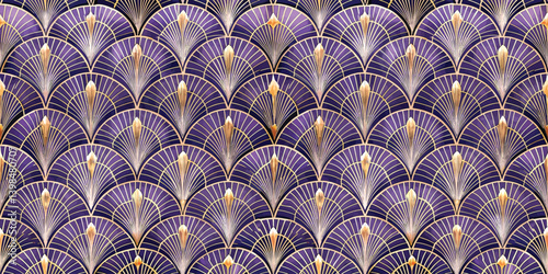 Elegant art deco pattern in purple and gold hues, featuring fan shapes.