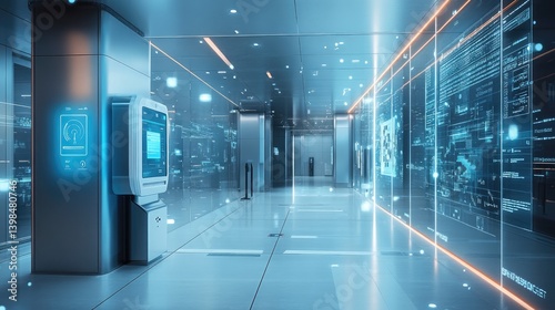 Fototapeta Naklejka Na Ścianę i Meble -  Futuristic interior of a technological hallway with data displays