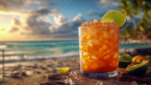 Canchanchara cocktail served in a rustic glass against a tropical beach backdrop during sunset photo