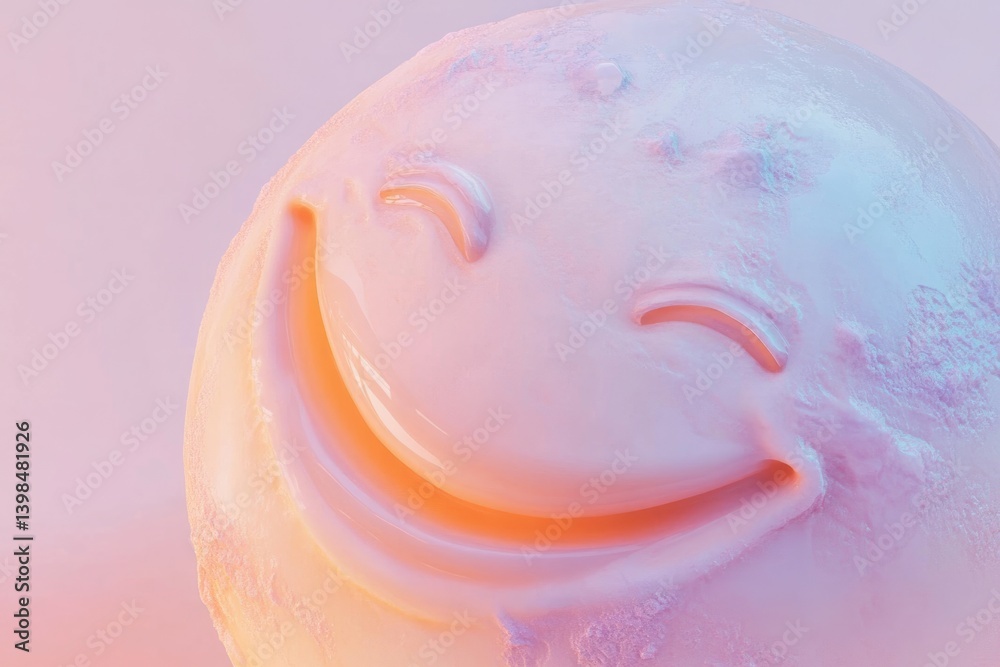 Fototapeta premium A pastel-colored sphere with a smiling face, textured surface, abstract art.