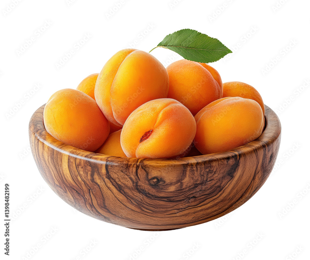 Fresh apricots in wooden bowl kitchen food isolated on transparent background, png Fresh apricots in wooden bowl kitchen food isolated on transparent background, png