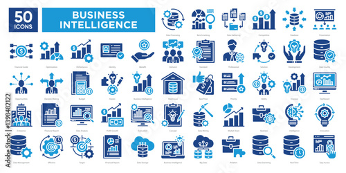 Business intelligence icons collection set., featuring data analysis, dashboards, optimization, and decision-making tools. Great for reports, analytics, presentations, and enterprise solutions.