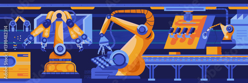 AI robotics handling tasks in smart factory – Ideal for futuristic manufacturing content, automation articles, or factory floor infographics