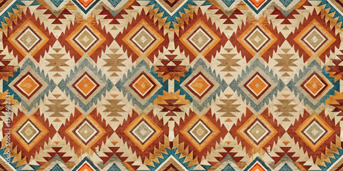 Geometric ethnic pattern in vibrant colors, ideal for textiles or interior design.
