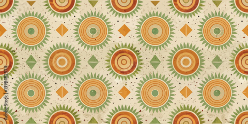 Colorful geometric pattern featuring circles and diamonds in earthy tones.