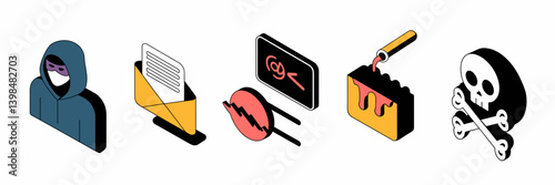 Isometric icons of cybercrime with hacker and dark web symbols – Perfect for technology publications, online fraud education, or security consulting