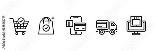 Vector line icons of digital shopping and transaction tools – Great for mobile apps, fintech branding, or e-commerce content.