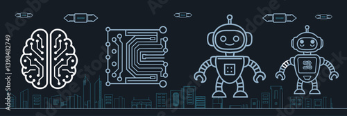 Futuristic AI icon set with circuit brain, chatbot, and robot – Great for smart city apps, AI concept visuals, or tech innovation content