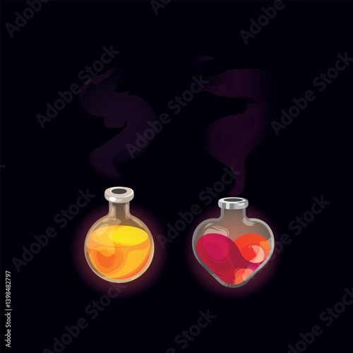Vials of glowing magic potion. Glowing liquid in bottles.