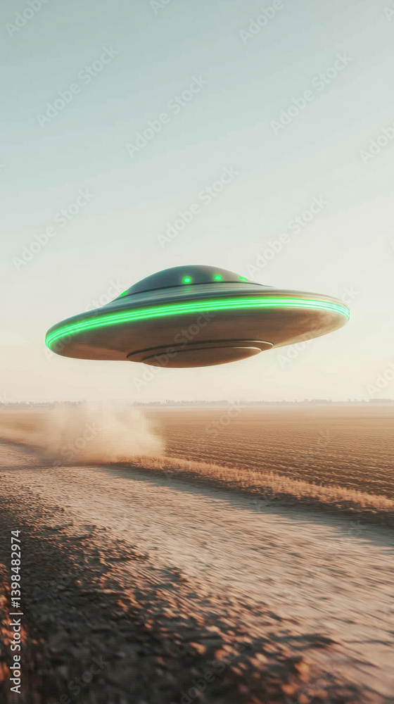 UFO with glowing green lights hovering over a dusty field at sunset, sci-fi background UFO with glowing green lights hovering over a dusty field at sunset, sci-fi background