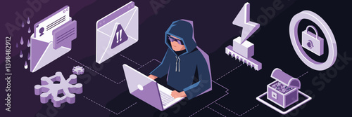 Isometric cybercrime and dark web scene illustration – Suitable for threat intelligence reports, cybersecurity marketing, or online privacy awareness