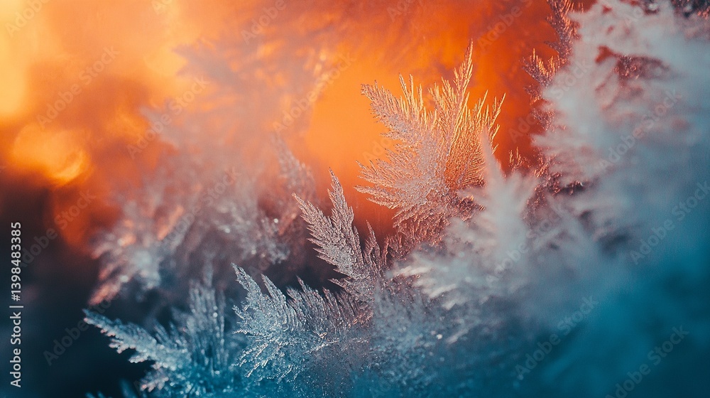 Captivating frost patterns on a colorful background create a stunning visual contrast. The delicate details are mesmerizing. Perfect for winter themes. Generative AI