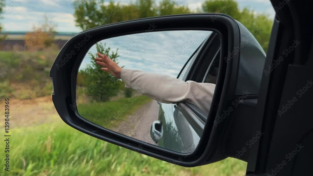 Woman hand waving in car back mirror riding countryside summer highway closeup. Female arm relaxing at road trip auto travel destination exploration discovery adventure. Expressway weekend vacation Woman hand waving in car back mirror riding countryside summer highway closeup. Female arm relaxing at road trip auto travel destination exploration discovery adventure. Expressway weekend vacation