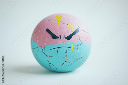 Angry cracked sphere with pink and blue paint, showing a grumpy cartoon face.