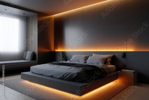 Contemporary dark bedroom featuring a cozy bed and window with warm ambient light creating a relaxing atmosphere