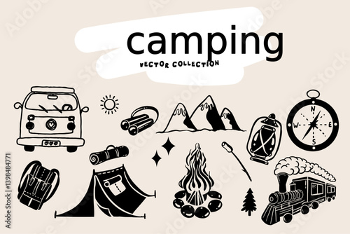A stylish vector collection of camping essentials featuring tents, camper vans, mountains, adventure gear, and scenic outdoor elements perfect for nature lovers.