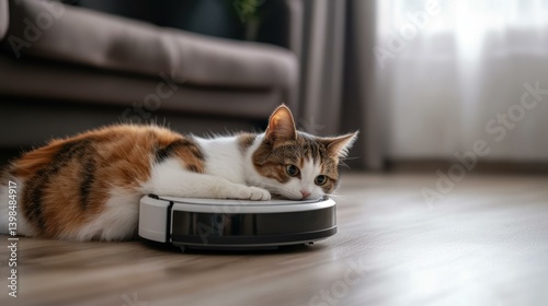 Calm tri-color cat lounging on a robot vacuum cleaner in a bright living room, looking away from the camera. photo