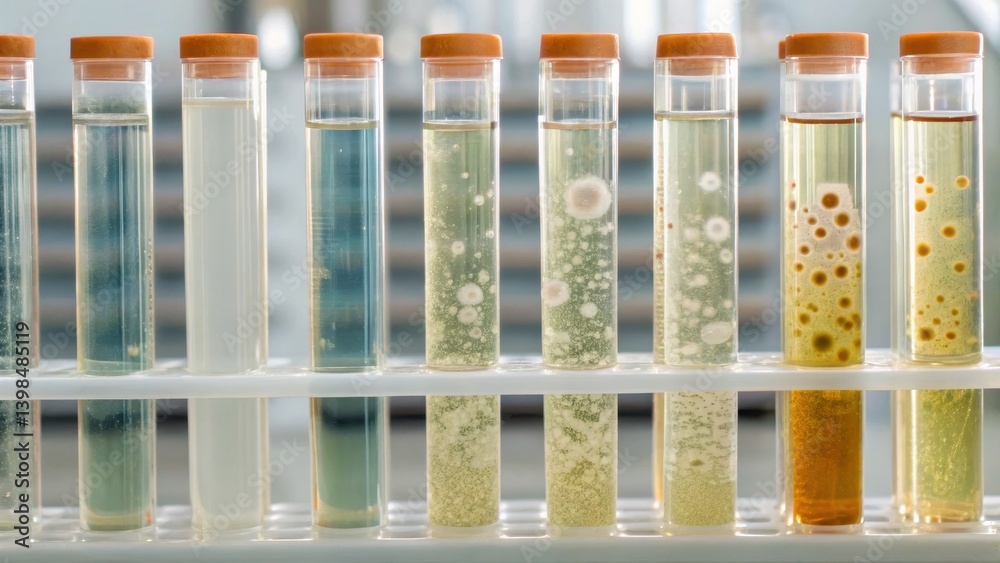 A series of test tubes filled with colorful liquids, showcasing various substances and possibly microbial growth in a laboratory setting. A series of test tubes filled with colorful liquids, showcasing various substances and possibly microbial growth in a laboratory setting.