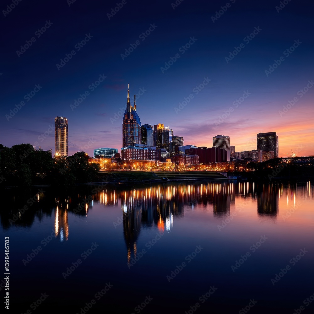 Obraz premium Stunning cityscape at night featuring the vibrant nashville skyline illuminated by bright city lights and dusk sky