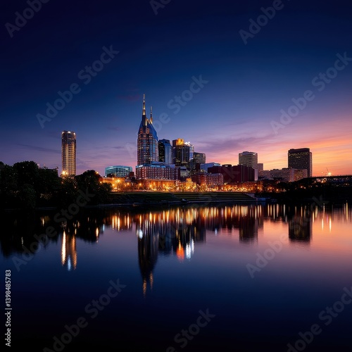 Stunning cityscape at night featuring the vibrant nashville skyline illuminated by bright city lights and dusk sky