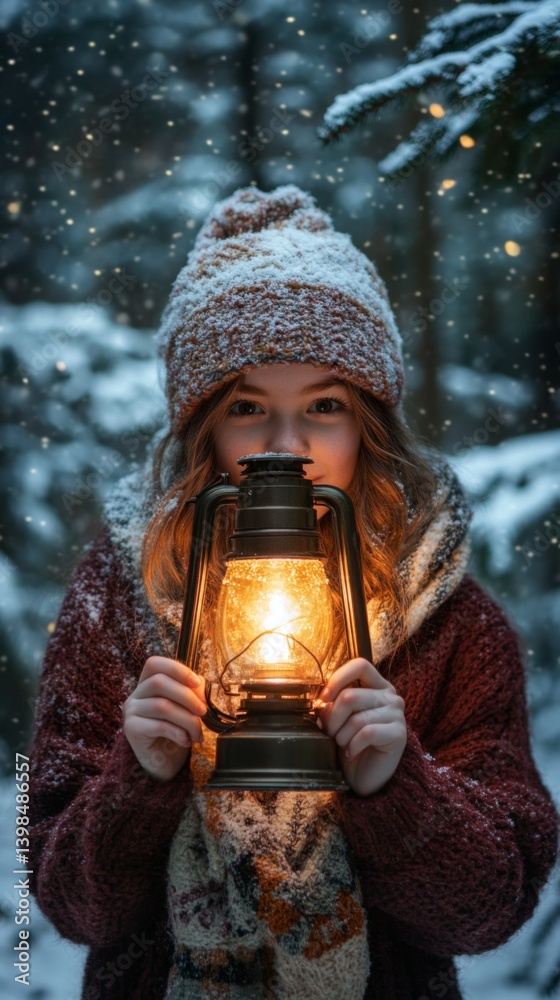 A girl holds a lantern in a snowy forest. The warm glow is captivating. A magical atmosphere envelops the scene. Winter brings comfort and joy. Generative AI