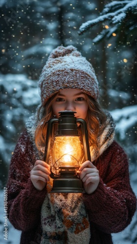Obraz na płótnie A girl holds a lantern in a snowy forest. The warm glow is captivating. A magical atmosphere envelops the scene. Winter brings comfort and joy. Generative AI w salonie