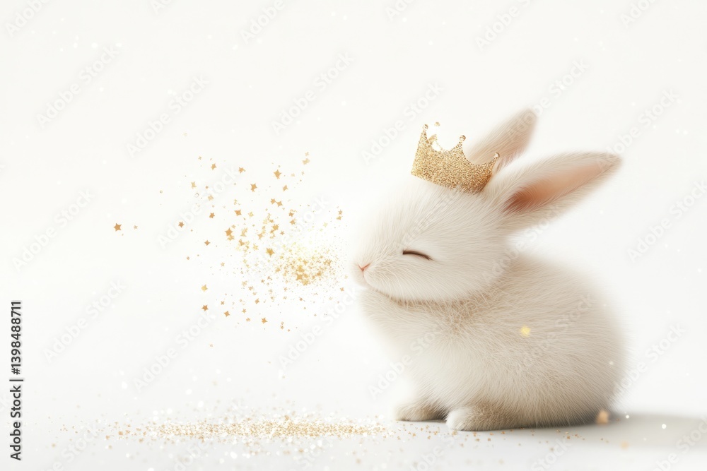 Fototapeta premium Adorable white bunny wearing a golden crown, exhaling golden glitter stars.