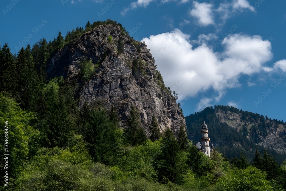 Mountain Majesty: A towering mountain peak reaches towards a clear, blue sky dotted with fluffy clouds, showcasing nature's grand design and the pristine beauty of the outdoors. Mountain Majesty: A towering mountain peak reaches towards a clear, blue sky dotted with fluffy clouds, showcasing nature's grand design and the pristine beauty of the outdoors.
