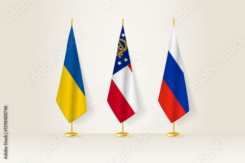 Diplomatic Meeting Representation, Ukraine, Georgia and Russia Flags. Flags on Diplomatic Stands.
