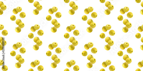 Seamless pattern of ripe golden delicious apples forming a diagonal line on white background