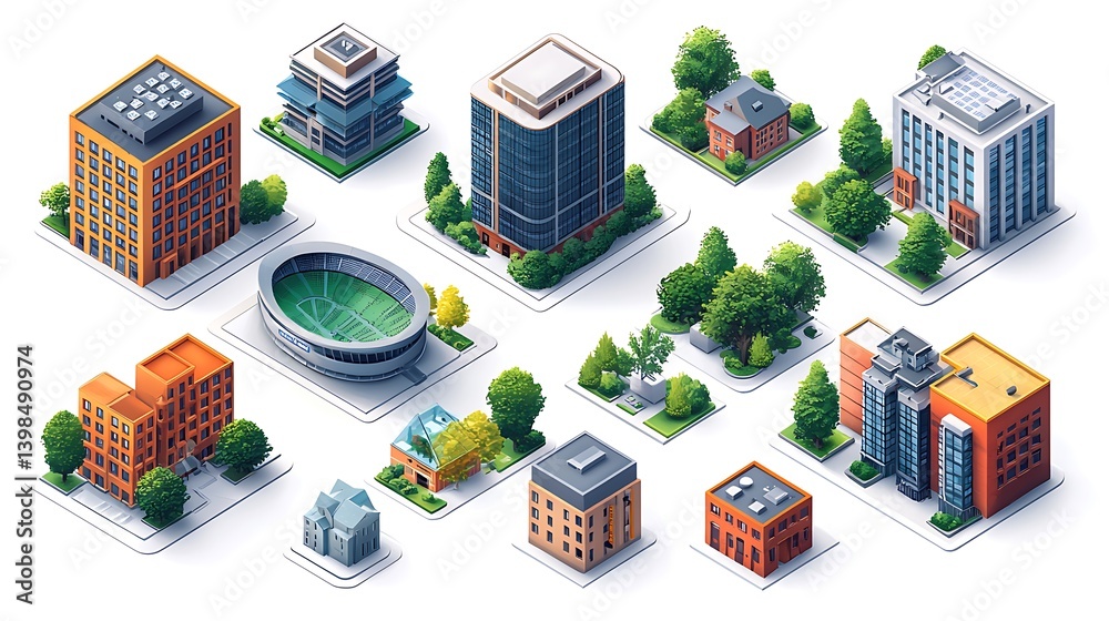 custom made wallpaper toronto digitalA professional vector pack of city landmarks including a stadium, museum, shopping mall, and residential buildings, with trees and sidewalks, white background, isometric view, sharp and modern