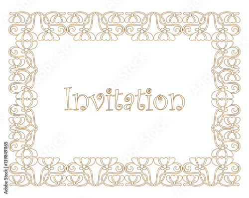 Decorative ornate golden frame in vintage style, outline floral border, greeting card, lettering invitation, vector illustration