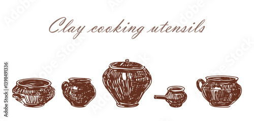 Clay kitchen utensils set, pottery tableware, pot, saucepan, hand drawn vector illustration isolated on white