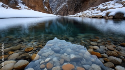 Crystal-clear winter river reflecting icy mountains.  Tranquil alpine scene