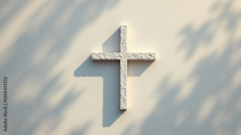 A stone cross with a shadow on a building wall. A stone cross with a shadow on a building wall.