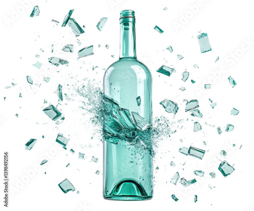 Shattering glass bottle high-speed isolated on transparent background, png