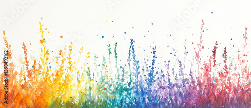Abstract floral colorful watercolor rainbow colored flowers or plants texture wall, isolated on white background