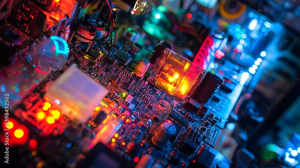A vibrant circuit board aglow with colorful lights. Explore the beauty of technology in this close-up. Innovation and creativity combined. Generative AI