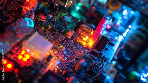 Obraz na płótnie A vibrant circuit board aglow with colorful lights. Explore the beauty of technology in this close-up. Innovation and creativity combined. Generative AI w salonie