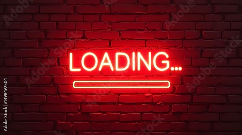 Red Neon Loading Bar Sign on Brick Wall Background: Glowing Retro Digital Progress Indicator