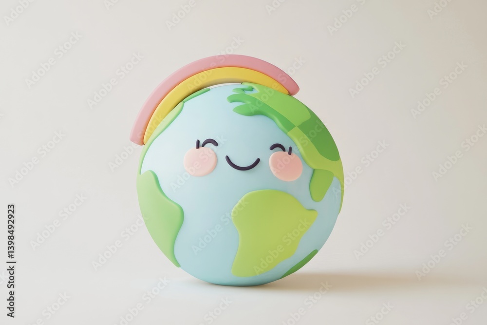 Fototapeta premium A happy cartoon Earth with a rainbow, symbolizing environmental protection and optimism for the planet's future.