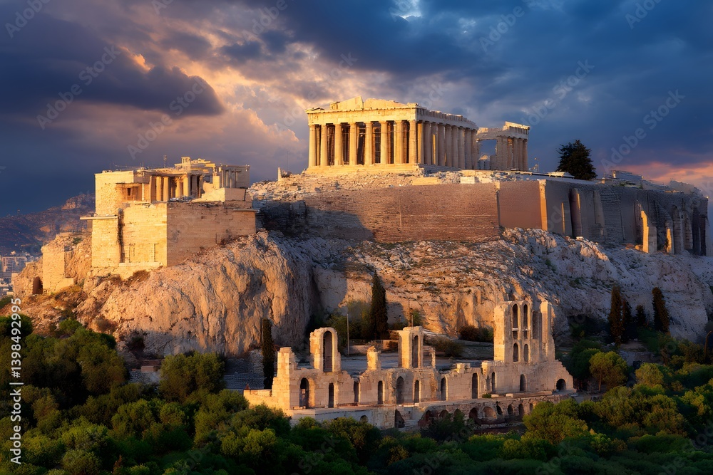 Fototapeta premium Ancient Acropolis at Dusk: Witness the majestic Acropolis bathed in the warm glow of the setting sun, a testament to ancient history and architectural wonder.